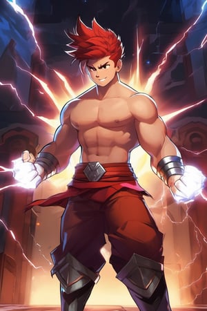 1boy, husky, large muscles, muscular, red hair, fists, clothes writing, full body, throne room, warrior, looking at viewer, male child, male focus, pants, shadow, shirt, shoes, short sleeves, smile, solo, spiked hair, wristband, storm effect, lightning, facial hair, beard,

