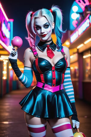 (Raw Photo:1.3) of (Ultra detailed:1.3) Harley Quinn from DC comics, dark pink and sky-blue hair, clowncore, dc comics, layered mesh, stripes and shapes, Wearing a schoolgirl uniform, Carnival Background at night, collar with large Joker charm, holding a bowling pin