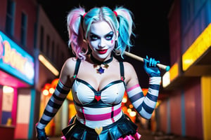 (Raw Photo:1.3) of (Ultra detailed:1.3) Harley Quinn from DC comics, dark pink and sky-blue hair, clowncore, dc comics, layered mesh, stripes and shapes, Wearing a white and black schoolgirl uniform, Carnival Background at night, collar with large Joker charm, holding a bowling pin, running/sprinting toward the camera, bare midriff