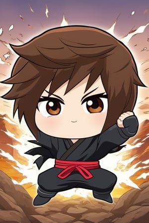 Chibi Style,  ninja,  storm effect,  best quality, brown hair, punching, mountain top