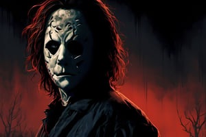 Michael Myers from the movie Halloween, plain mask, emotionless expression, messy hair, high quality, haunted house background, CryingBlood,