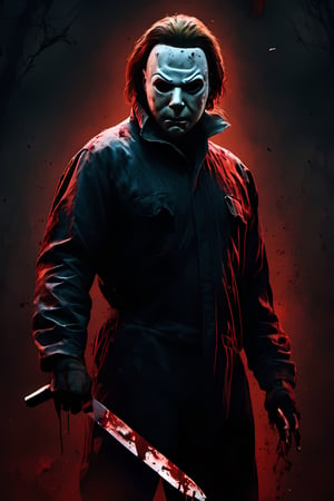 Michael Myers from the movie Halloween, scary mask, high quality, scary darkness background, haunted house background, CryingBlood, blood, (holding a butchers knife covered in blood)