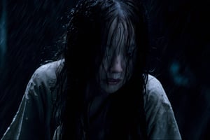 Onryo from the movie The Ring, wet messy hair, high quality, haunted house background, spooky, ghostly appearance, face down, looking down, lots of hair falling in front of face, very pale skin, crawling