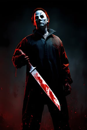 Michael Myers from the movie Halloween, scary mask, high quality, scary darkness background, haunted house background, CryingBlood, blood, (holding a butchers knife covered in blood)