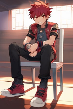 1boy, arms at sides, belt, black eyes, red hair, fists, clothes writing, full body, throne room, looking at viewer, male child, male focus, pants, shadow, shirt, shoes, short sleeves, smile, solo, spiked hair, wristband 