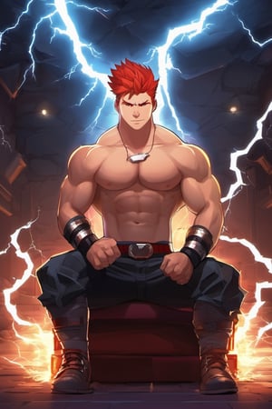 1boy, husky, large muscles, muscular, red hair, fists, clothes writing, full body, throne room, warrior, looking at viewer, male child, male focus, pants, shadow, shirt, shoes, short sleeves, smile, solo, spiked hair, wristband, storm effect, lightning
