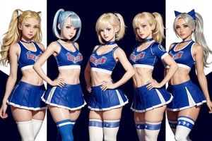 Anime, cheerleader, Finnish girl, small breasts, tight outfit, cute face, detailed blue eyes, (Silver-Blue cheerleader outfit), football field, detailed, animated, fictional animation, inviting smile, butt cheeks, make up, eye liner, pony tails, Blonde-blue multicolor hair, choker necklace, earrings, jumping, Lions logo, perfect face, perfect eyes, perfect nose, short hair, blonde hair, blonde hair, blue hair, white thigh high socks, full body