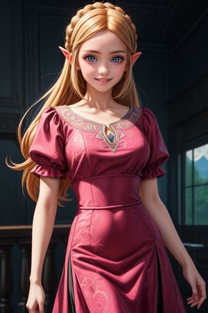 Anime artwork of princess Zelda, (wearing a detailed intricate pink and black dress:1.1), stunning beautiful artwork, Breath of the Wild, 8k retro anime art, vintage 90's anime, akira style, a masterpiece,