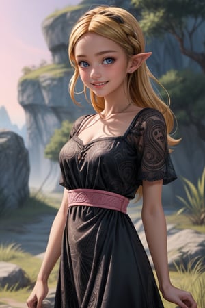 Anime artwork of princess Zelda, (wearing a detailed intricate pink and black dress:1.1), stunning beautiful artwork, Breath of the Wild, 8k retro anime art, vintage 90's anime, akira style, a masterpiece,