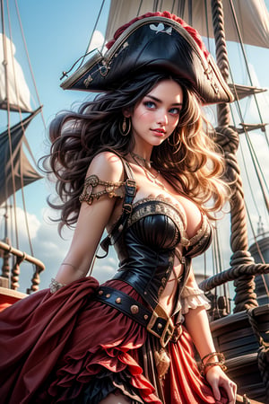 Full body image of a pirate bride with a parrot on her shoulder in manga style, "Esmeralda as pirate queen", huge curly hair, wearing a ruffled skirt, bustier top, smirk, magical, midnight, head and shoulders portrait, intricately detailed eyes, line art