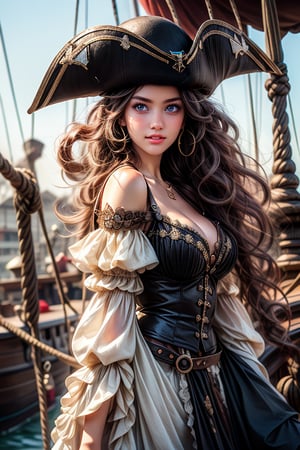 Full body image of a pirate bride with a parrot on her shoulder in manga style, "Esmeralda as pirate queen", huge curly hair, wearing a ruffled skirt, bustier top, smirk, magical, midnight, head and shoulders portrait, intricately detailed eyes, line art