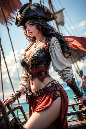 gorgeous female pirate, 30s, red ruffled skirt, d&d fantasy art