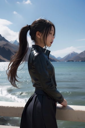 front-view, pony_tail, sea, skirt,mountain, ninjascroll, kiss