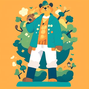 coloredic0n icon, a bear, light_orange_background, in a forest ,cartoon