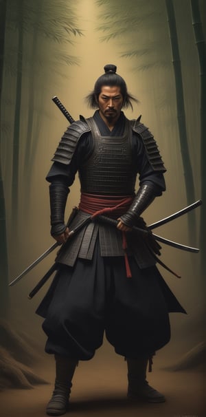 Generate an exceptionally detailed and hyper-realistic masterpiece featuring a remarkably good-looking (Hiroyuki Sanada as Samurai :1.6), (in a dense Bamboo Forest : 1.3) 

emphasizing the grandeur and beauty of their Katana. Envision the Samurai with striking features, captivating eyes reflecting both intensity and grace, and meticulously groomed hair, all harmonizing to enhance the overall visual appeal.

Zoom in on the Samurai's hands, portraying a firm and controlled grip on an exquisitely crafted Katana. Showcase the intricate details of the sword, highlighting the subtle curvature of the blade, the ornate handguard, and the meticulously adorned hilt. Convey the magnificence of the Katana's craftsmanship, illustrating the play of light and shadow on its polished surface.

Position the Samurai dynamically in the midst of battle, with the Katana drawn and engaged in combat. Capture the swift and precise movements, showcasing the Samurai's mastery in wielding the magnificent blade. Utilize advanced lighting techniques to emphasize the reflections on the Katana's surface, bringing out its size, beauty, and the aura of power it exudes.

Craft the battlefield setting with heightened realism, immersing the viewer in the chaos of war while maintaining a focal point on the Samurai and the splendid Katana. Create an image that not only showcases the attractiveness of the warrior but also elevates the Katana to a central element of awe-inspiring beauty in the detailed and vibrant composition.,Kratos ,<lora:659095807385103906:1.0>
