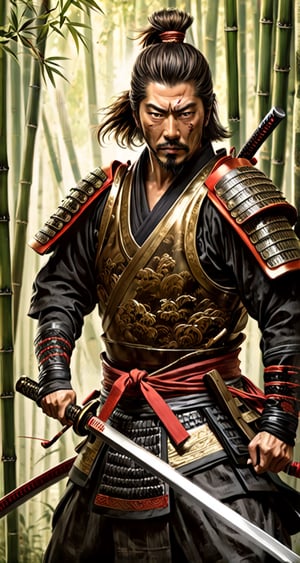Generate an exceptionally detailed and hyper-realistic masterpiece featuring a remarkably good-looking (Hiroyuki Sanada as Samurai :1.6), (in a dense Bamboo Forest : 1.3) 

emphasizing the grandeur and beauty of their Katana. Envision the Samurai with striking features, captivating eyes reflecting both intensity and grace, and meticulously groomed hair, all harmonizing to enhance the overall visual appeal.

Zoom in on the Samurai's hands, portraying a firm and controlled grip on an exquisitely crafted Katana. Showcase the intricate details of the sword, highlighting the subtle curvature of the blade, the ornate handguard, and the meticulously adorned hilt. Convey the magnificence of the Katana's craftsmanship, illustrating the play of light and shadow on its polished surface.

Position the Samurai dynamically in the midst of battle, with the Katana drawn and engaged in combat. Capture the swift and precise movements, showcasing the Samurai's mastery in wielding the magnificent blade. Utilize advanced lighting techniques to emphasize the reflections on the Katana's surface, bringing out its size, beauty, and the aura of power it exudes.

Craft the battlefield setting with heightened realism, immersing the viewer in the chaos of war while maintaining a focal point on the Samurai and the splendid Katana. Create an image that not only showcases the attractiveness of the warrior but also elevates the Katana to a central element of awe-inspiring beauty in the detailed and vibrant composition.,Kratos 