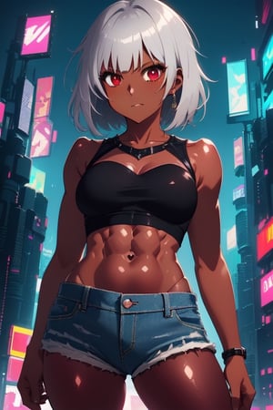 Silver hair, short hair, punk, crop top, denim shorts, (((dark skin))), tanned, ((((dark red skin)))), street,YAMATO,High detailed, impossible_fit, abs, tiny_breasts, cyberpunk, neon light, tall, long legs