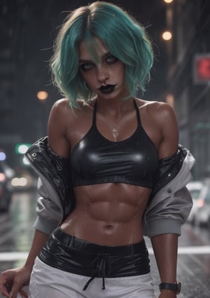 sporty girl, bob_cut, colored hair, ((((((dark red skin)))))), (((dark_skinned_female))), (((((dark skin))))), ((((((dark_tanned_skin_tone)))))), eye shadow,Realism, (((thin lips))), (((abs))), ((fitness girl)), (((((slim))))), ((((oiled skin)))), (((wet skin))), 8k, detailed hair, hd hair, cyberpunk street, neon light, dyed hair, bob hair, ((bob_cut)), make head smaller, make skin tone darker, ((raining)), thin waist, gothic female, gothic makeup, sneakers, jacket, off shoulder, (green hair),

sweat pants, light yellow top