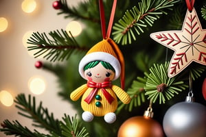 Vegetable doll decorations hanging in Christmas tree, cartoon style, warm atmosphere