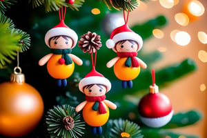 Vegetable doll decorations hanging in Christmas tree, cartoon style, warm atmosphere