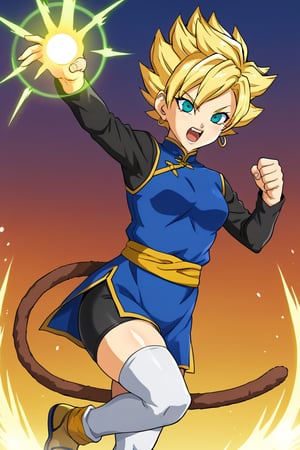 1girl, solo, blonde hair, tail, aqua eyes, open mouth, monkey tail, looking at viewer, energy ball, incoming attack, foreshortening, white_thighhighs, bike_shorts, teeth, shirt, fighting stance, sash, thicc_thighs, NSFW, metal owl,Viola,swept bangs,short hair,china dress,pelvic curtain,long sleeves,black shirt,hoop earrings, super saiyan, spiked hair, takeda hiromitsu style