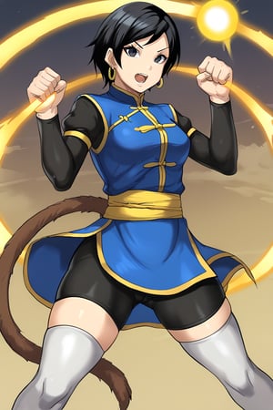 1girl, solo, black hair, tail, black eyes, open mouth, monkey tail, looking at viewer, energy ball, incoming attack, foreshortening, white_thighhighs, bike_shorts, teeth, shirt, fighting stance, sash, thicc_thighs, NSFW, metal owl,Viola,swept bangs,short hair,china dress,pelvic curtain,long sleeves,black shirt,hoop earrings