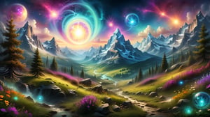 mystic valley, mountain, forests, bushes, flowers, meadow, swirls of mystic arcane energy, orbs of light, (masterpiece:1.2), best quality, (hyperdetailed, highest detailed:1.2), high resolution textures, painted world, colorful splashes, background focus, 