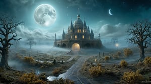 hyper detailed masterpiece, dynamic realistic digital art, awesome quality,neglected court,woven moon,deceptive euphoric landscape fog,consciousness merge, Sooty,eerie,innate,hostile,zealotical,greg rutkowski