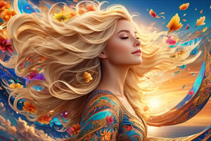 beautiful woman with long flowy blond hair blowing with the wind, colorful floral tattoos covering her body, flying high in the sky, work of beauty and complexity with intricate elements that differentiate this imagine from other, 8k UHD, jason naylor style, colorful rendition, curvy_hips, EpicSky,Cubist artwork ,3d style, sunset sky,  amber glow 