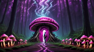 Higher ground, a forest of big vivid mushrooms, fluorescent magenta style, a path to a door, a young man with a bagpack, a giant door
,photo r3al
