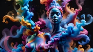 (best quality,8K,highres,masterpiece), ultra-detailed, (portrait art, illustration), full-body zoom of a female-shaped colored sculpture made of dynamic dispersing smoke. The scene features playful body manipulations with warm and clean aesthetics, emphasizing uncommon beauty. Utilizing the rule of thirds composition, the detailed environment with strong lines enhances the overall visual impact. Vibrant and colorful smoke particles float in the air, creating a visually rich and striking figure. The well-lit scene, achieved with studio lights, maintains ultra-sharp focus and a high-speed shot aesthetic