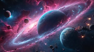 ultra realistic 8k cg,  flawless,  clean,  masterpiece,  professional artwork,  famous artwork,  cinematic lighting,  cinematic bloom,  abstract and colorful style,  background focus, ,  vast galaxy,  cosmic energy,  alien planet,  colorful splashes, (((limitless desolation))),  pink deep space,  planets, floating,  ((no characters)),  , DonMC3l3st14l3xpl0r3rsXL, Sci-fi