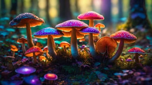 (best quality,4k,8k,highres,masterpiece:1.2),ultra-detailed,realistic, colorful mushrooms, close up, macro photography, vibrant colors, intricate patterns, magical forest theme, dreamlike atmosphere, soft lighting, bokeh, surreal art style