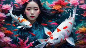 (best quality,8K,highres,masterpiece), ultra-detailed, (photo RAW, hyper-realistic, super colorful) portrait of 2 ghostly long-tailed white koi and a woman. The scene is illuminated with a shiny aura and vibrant colors, including black, dark red, and neon pink. The image features intricate motifs, red filigree, and organic tracery in the style of Januz Miralles, Hikari Shimoda, and glowing stardust by W. Zelmer. The lively coral reef background adds a burst of color, creating a dazzling and award-winning composition in natural light.