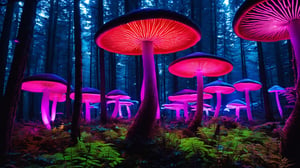 giant mushrooms, neon lights, vivid mushrooms