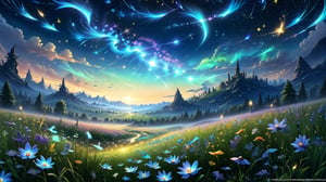 Masterpiece, ultra detail, high quality, 8k, wallpaper, beautiful meadow, various kinds of flowers, with the best star gazing view, beautiful night sky, stars that have a breath taking pattern, shooting stars, aurora, , firefliesfireflies, night sky, captivity moon , with glowing fireflies ,DonMDj1nnM4g1cXL ,detailmaster2,3l3ctronics,anime