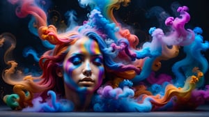 (best quality,8K,highres,masterpiece), ultra-detailed, (portrait art, illustration), full-body zoom of a female-shaped colored sculpture made of dynamic dispersing smoke. The scene features playful body manipulations with warm and clean aesthetics, emphasizing uncommon beauty. Utilizing the rule of thirds composition, the detailed environment with strong lines enhances the overall visual impact. Vibrant and colorful smoke particles float in the air, creating a visually rich and striking figure. The well-lit scene, achieved with studio lights, maintains ultra-sharp focus and a high-speed shot aesthetic