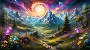 mystic valley, mountain, forests, bushes, flowers, meadow, swirls of mystic arcane energy, orbs of light, (masterpiece:1.2), best quality, (hyperdetailed, highest detailed:1.2), high resolution textures, painted world, colorful splashes, background focus, 