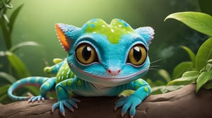 (best quality, 8K, highres, masterpiece), ultra-detailed, (character design, creature design, concept art), cute gecko with big eyes and chameleon-skin, featuring adorable cat paws. The whimsical combination of features results in a charming and imaginative portrayal of this fantastical creature.