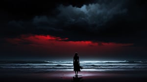 (best quality,8K,highres,masterpiece), ultra-detailed, silhouette of a woman standing at the edge of the beach, capturing a moody, sad dark atmosphere. The artwork is set against a black background, with dark paintbrush strokes creating a sense of depth and emotion. A striking contrast of red over black adds a dramatic element, symbolizing the intensity of her emotions. The scene is both haunting and beautiful, conveying a powerful story of solitude and contemplation amidst the vast, dark expanse of the beach under a shadowy sky.