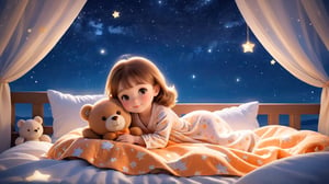 In a peaceful scene under the stars, a beautiful girl lies on a soft bed, wearing comfortable nightgown and sleepwear to help her relax after a long day. Covered by a light orange soft and fluffy quilt, it is comfortable and enjoyable. Pajamas and pajamas are made of soft and comfortable fabrics to provide maximum comfort, with a beloved teddy bear in your arms symbolizing warmth, security and childhood nostalgia. The background is set against the vast starry sky, creating a tranquil and dreamy atmosphere. Twinkling stars light up the night, evoking feelings of calm and tranquility.