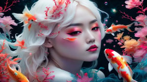 (best quality,8K,highres,masterpiece), ultra-detailed, (photo RAW, hyper-realistic, super colorful) portrait of 2 ghostly long-tailed white koi and a woman. The scene is illuminated with a shiny aura and vibrant colors, including black, dark red, and neon pink. The image features intricate motifs, red filigree, and organic tracery in the style of Januz Miralles, Hikari Shimoda, and glowing stardust by W. Zelmer. The lively coral reef background adds a burst of color, creating a dazzling and award-winning composition in natural light.