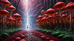 Higher ground, a forest of big vivid mushrooms, fluorescent red style, a path to a door