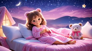 In a peaceful scene under the stars, a beautiful girl lies on a soft bed, wearing comfortable nightgown and sleepwear to help her relax after a long day. Covered by a pink soft and fluffy quilt, it is comfortable and enjoyable. Pajamas and pajamas are made of soft and comfortable fabrics to provide maximum comfort, with a beloved teddy bear in your arms symbolizing warmth, security and childhood nostalgia. The background is set against the vast starry sky, creating a tranquil and dreamy atmosphere. Twinkling stars light up the night, evoking feelings of calm and tranquility.