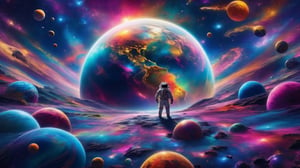 (best quality,8K,highres,masterpiece), ultra-detailed, (photoreal, cosmic, vibrant), an astronaut transformed into a planet floats in the vibrant abyss of space, surrounded by a dazzling cosmic ocean of galaxies and nebulae forming vivid and unique constellations. The bubbles surrounding the astronaut burst with an explosion of super colorful fragments, representing the vibrant knowledge and secrets of the universe. Captured with an 18 mm wide-angle camera, the 8K photorealism creates an image that not only evokes amazement at the immensity of the cosmos but also dazzles with a super colorful and awe-inspiring display.