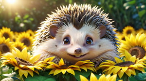 cute sunflower hedgehog,unreal engine,3d render,pixar,(best quality,4k,8k,highres,masterpiece:1.2),ultra-detailed,(realistic,photorealistic,photo-realistic:1.37),vibrant colors,soft lighting,bokeh,dreamlike atmosphere,adorable expression,lovely smile,detailed fur and spikes,expressive eyes,playful pose,imaginative background,flower petals floating in the air
