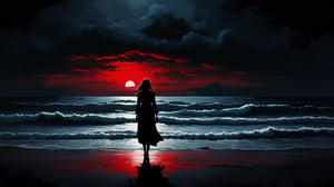 (best quality,8K,highres,masterpiece), ultra-detailed, silhouette of a woman standing at the edge of the beach, capturing a moody, sad dark atmosphere. The artwork is set against a black background, with dark paintbrush strokes creating a sense of depth and emotion. A striking contrast of red over black adds a dramatic element, symbolizing the intensity of her emotions. The scene is both haunting and beautiful, conveying a powerful story of solitude and contemplation amidst the vast, dark expanse of the beach under a shadowy sky.