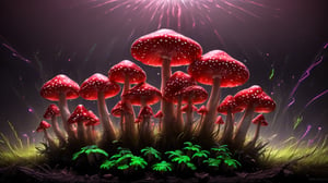 Higher ground, vivid mushrooms, fluorescent red