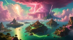 MAP, FANTASY RPG, SKY, PINK CLOUDS, GREEN LIGHTNING, floating islands,  ,greg rutkowski,DonMC3l3st14l3xpl0r3rsXL, (style of Ivan Aivazovsky:0.6)