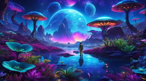 (best quality,8K,highres,masterpiece), ultra-detailed, (cosmic adventure), where an intrepid astronaut explores an alien world bathed in surreal, bioluminescent flora. The interplay of cosmic light and exotic plants creates a mesmerizing and otherworldly landscape.